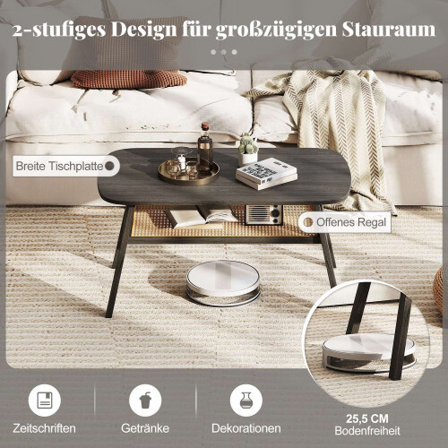 Wood Coffee Table with Rattan Shelf, 2-Tier, 100x55x44.5 cm 2