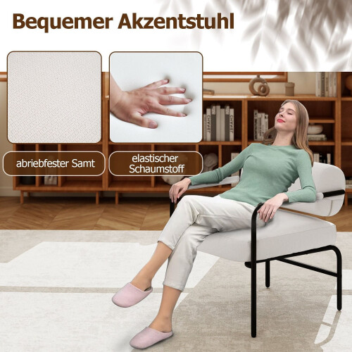 White Modern Lounge Chair with Armrests, Velvet Upholstery 2
