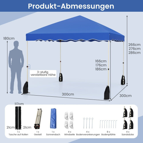 Waterproof 3x3m Pop-Up Gazebo with Roll Bag, Blue 1