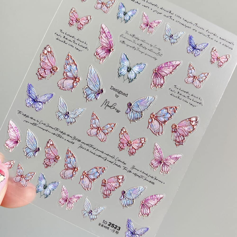 Gold 3 Sheets 5D Butterfly Nail Art Stickers Embossed Selfadhesive Decals For Acrylic Nails
