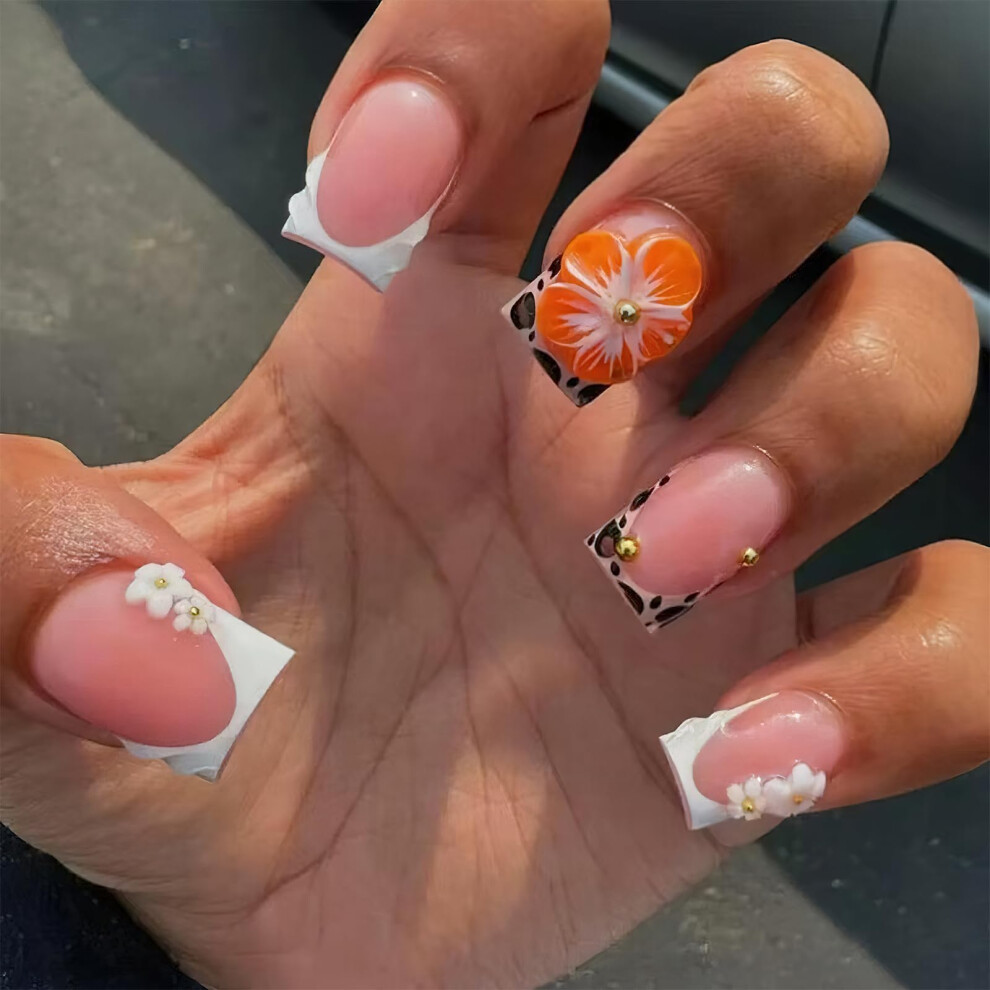 Short Square Press On Nails with 3D Floral and Leopard French Tips, Reusable Fake Nails Set 24Pcs