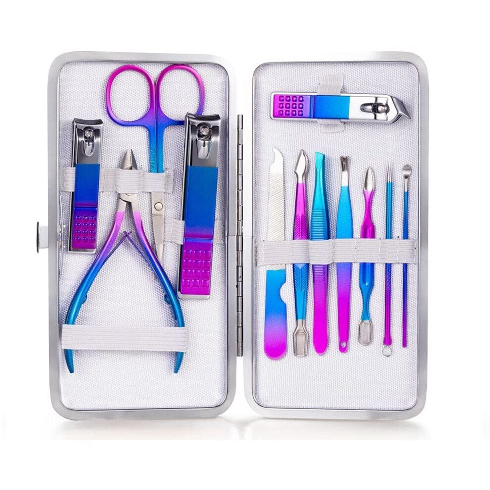 Manicure Pedicure Set 12pcs Stainless Steel Nail Clippers Kit with Colorful Case for Grooming