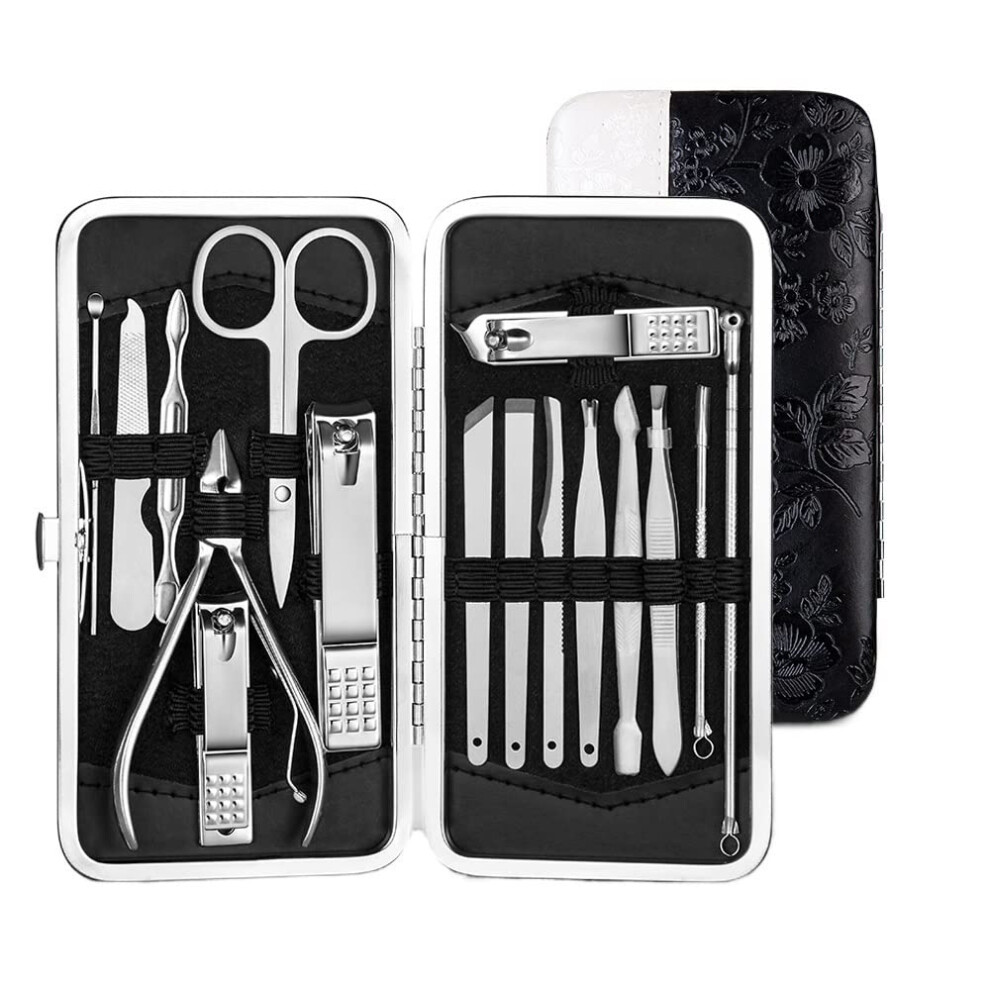 Manicure Pedicure Set 16pcs Stainless Steel Nail Clippers Kit with Leather Travel Case