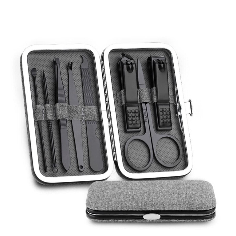 Grey 8Pcs Stainless Steel Nail Clippers Set With Case Professional Manicure Grooming Kit