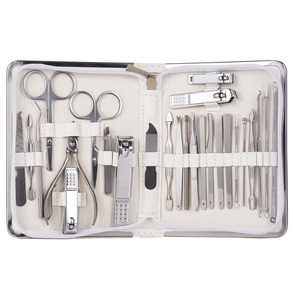 White Manicure Pedicure Set 26Pcs Professional Stainless Steel Nail Clippers Kit With Leather Travel Case