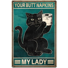 Plaque de toilette humoristique en métal avec un chat noir - « Vos serviettes pour les fesses, ma dame » - Plaque vintage en métal, compatible