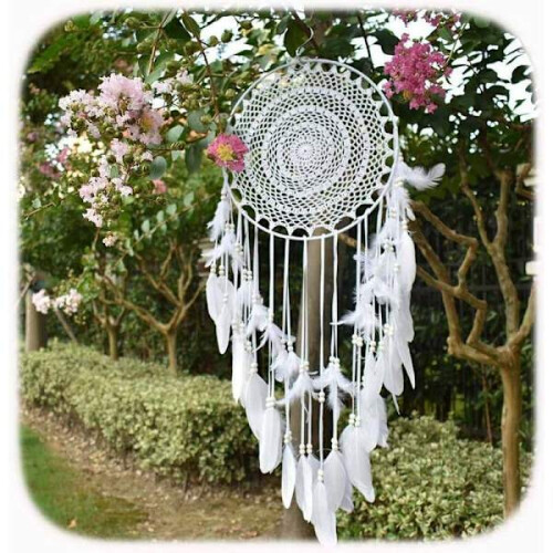 μεγάλο boho ονειροπαγίδα με λευκό φτερό μακραμέ διακόσμηση τοίχου Vi