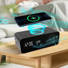 Lichidare de stoc! Boxă Bluetooth 6 în 1 cu încărcare wireless, ceas, alarmă, afișaj temperatură, suport pliabil compatibil cu dispozitive