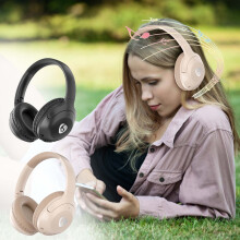 Jacenvly2024Nya trådlösa hörlurar med subwoofer, hopfällbar huvudmonterad design, inbyggd mikrofon, brusreducering, mjuka hörselkåpor, beige