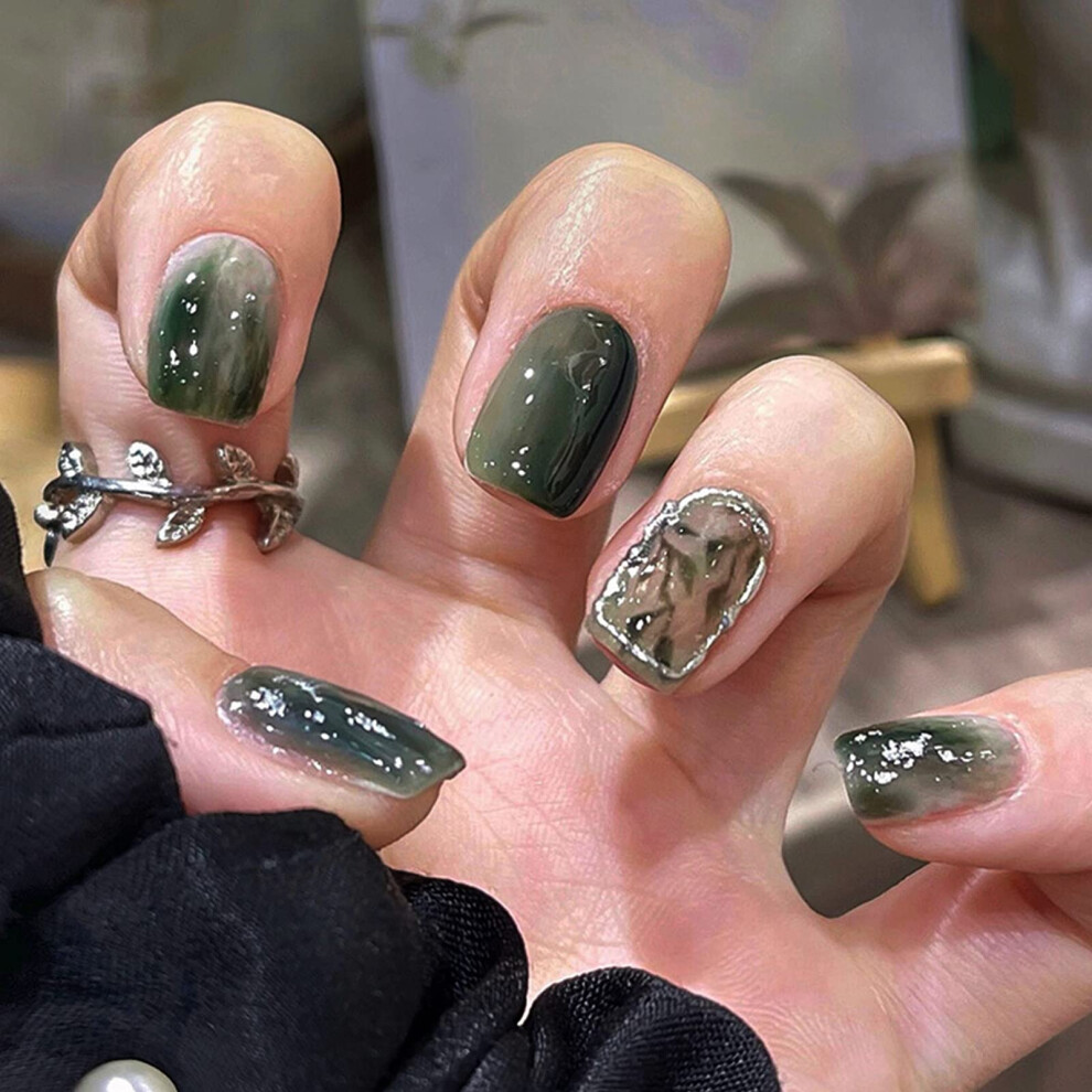 Green Gradient Short Square Press On Nails With Glue, Glossy Acrylic Fake Nails For Women 24Pcs
