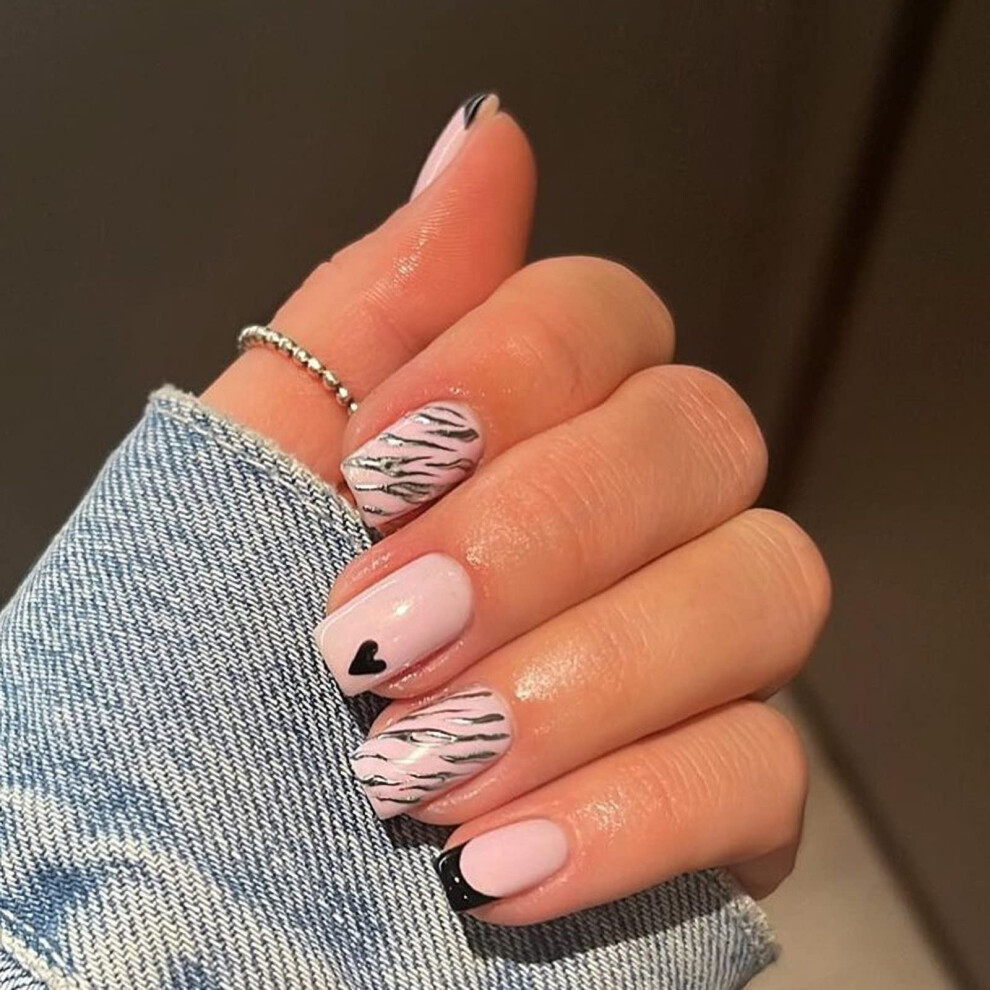 Pink Glossy Short Squoval Press On Nails Heart French Tip Fake Nails Reusable Full Cover
