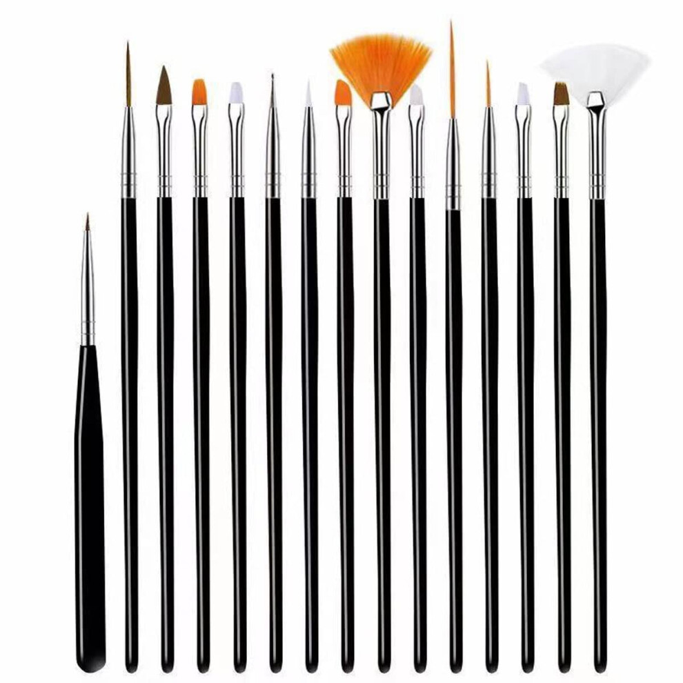 Black 15Pcs Nail Art Brush And Pen Set For Uv Gel Design With Ergonomic Handle