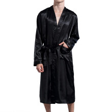 Men's Satin Kimono Robe XL Black Long Sleeve Luxury Silk Bathrobe with Belt and Pockets