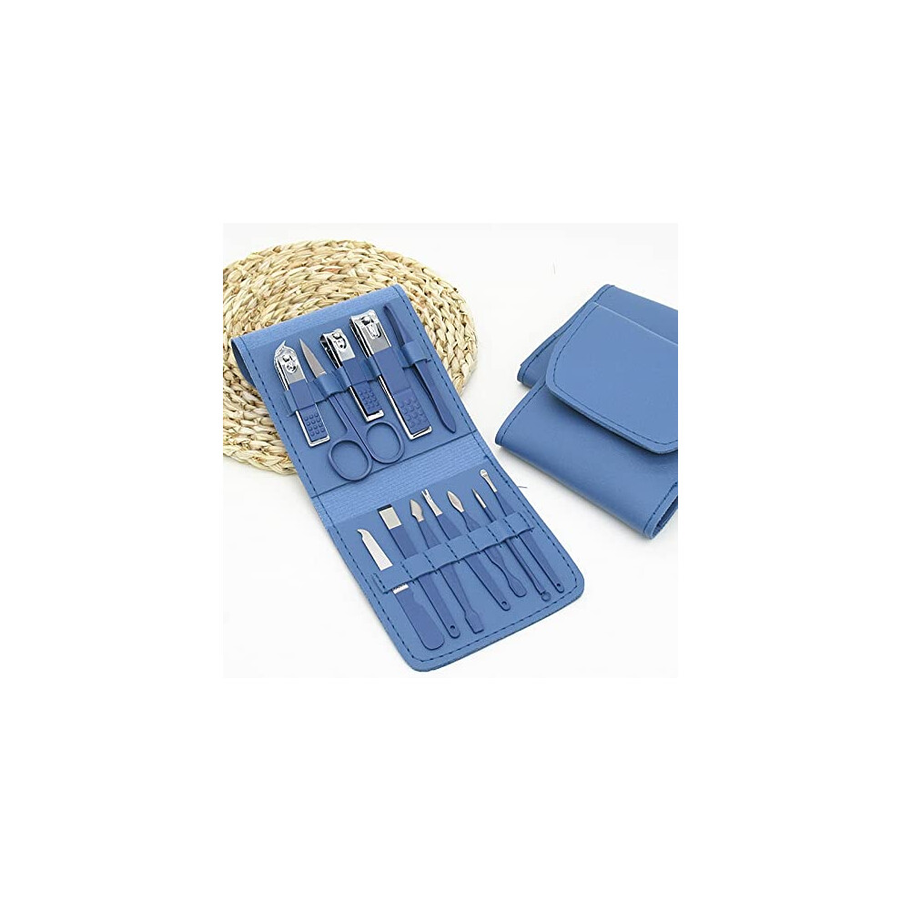 Blue Manicure Set Stainless Steel Nail Clippers Kit 12Pcs Allinone Grooming Travel Size