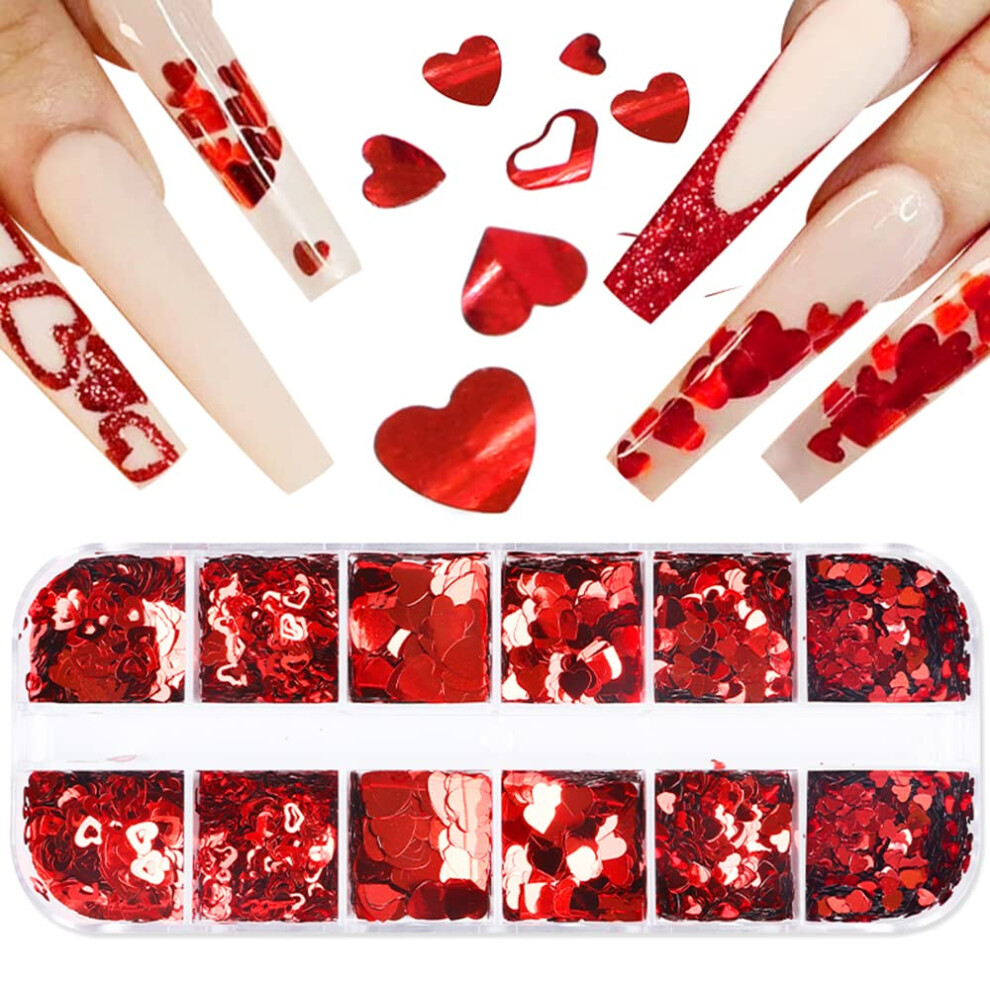 Red Valentine's Day Nail Art Glitter With Holographic Hearts 3D Sequins In 12Grid Box