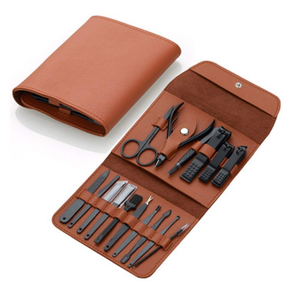 Professional Manicure Pedicure Set 16pcs Stainless Steel Nail Clippers Grooming Kit with Leather Case