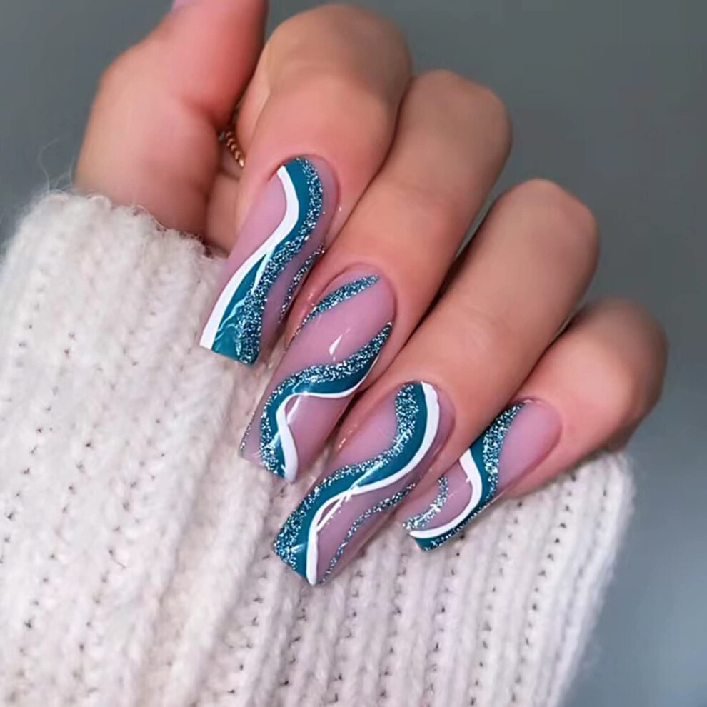 Blue Long Coffin Press On Nails With Glitter, 24Pcs Glue On Fake Nails For Salonstyle Results