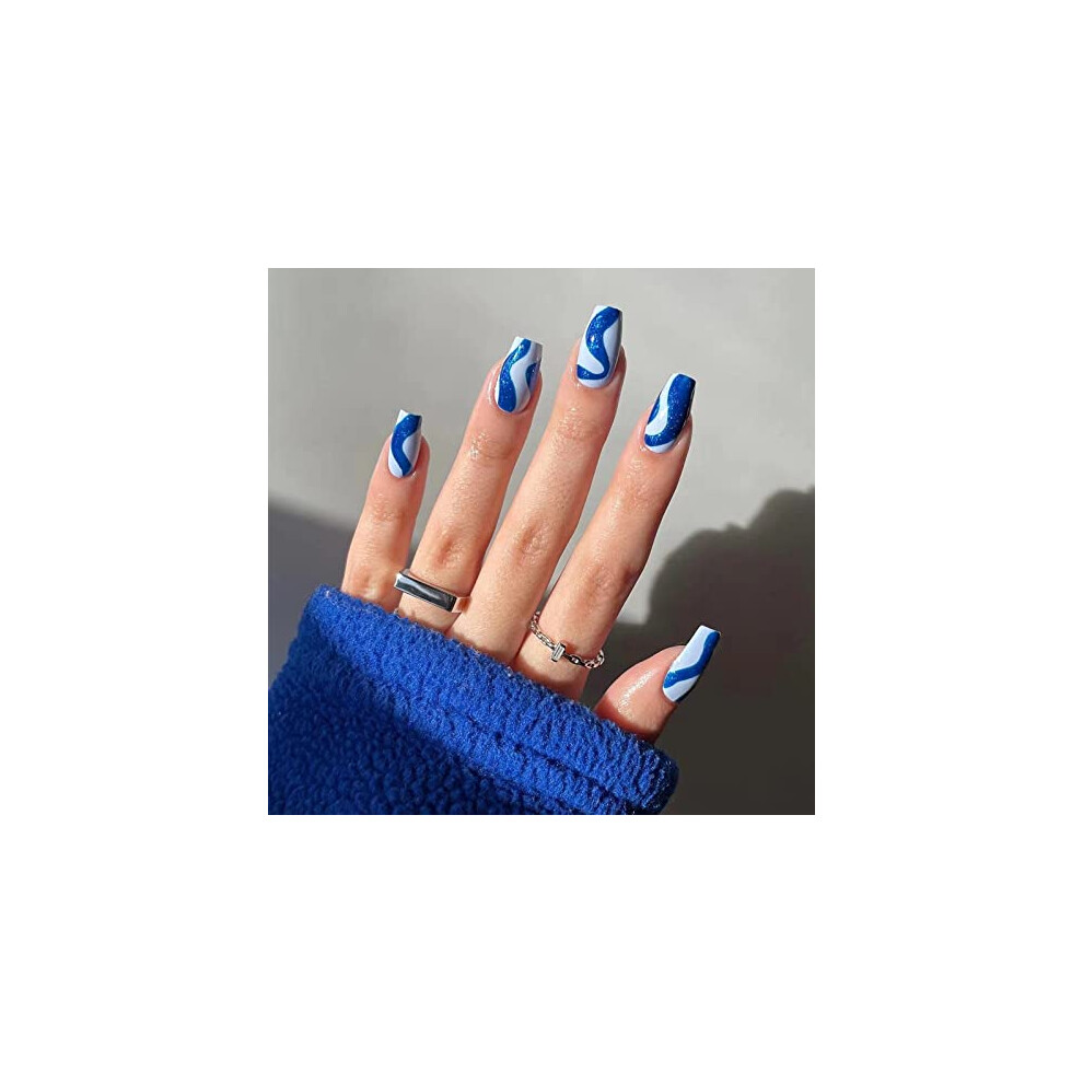 Blue Press On Nails Medium Glitter Ballerina Acrylic Fake Nails With Glue Salonstyle 24Pcs