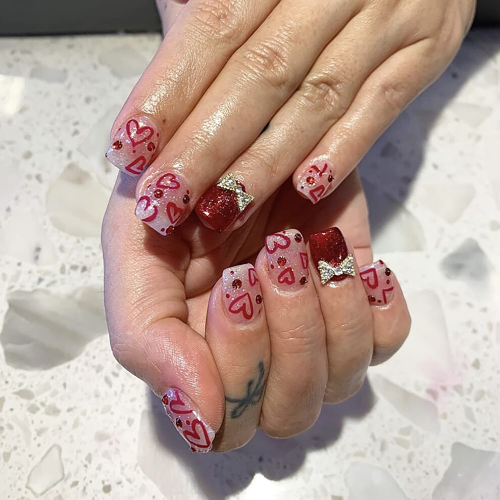 Valentines Day Press On Nails Short Square Fake Nails with Heart and Rhinestone Design Reusable