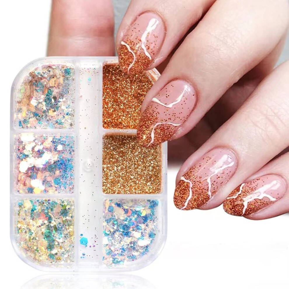 Holographic Nail Glitter Iridescent Powder 6 Grids 3D Mermaid Sequins Gradient Ice Slag