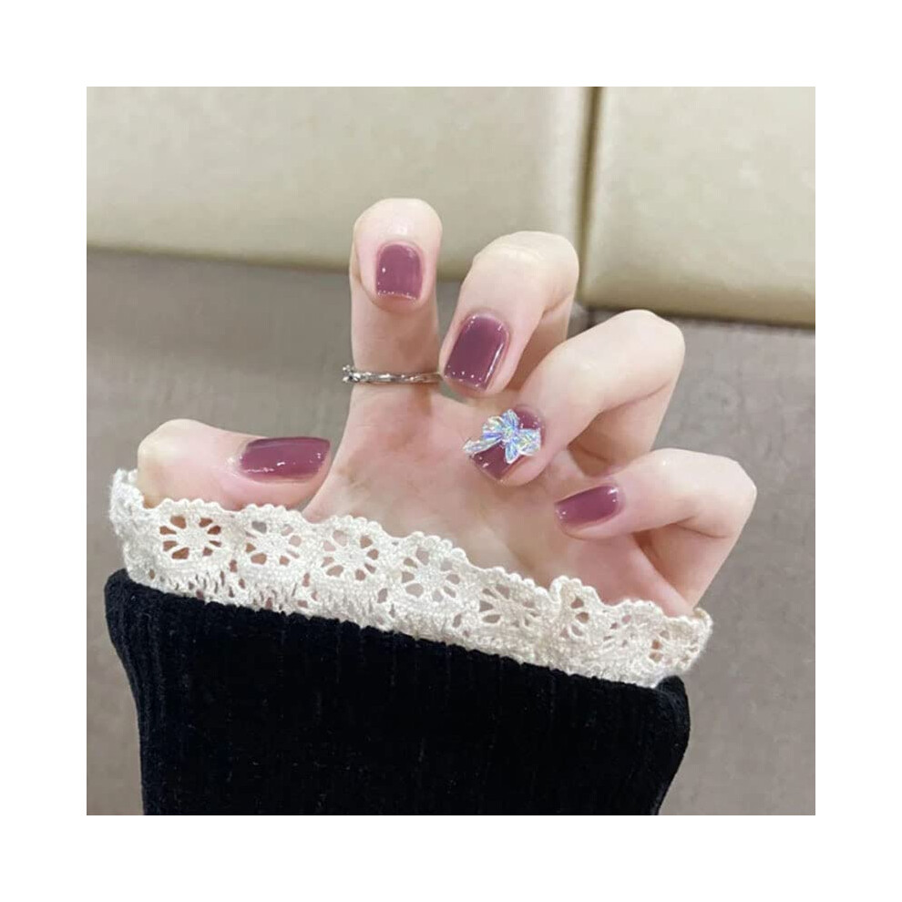 Purple Coffin Press On Nails With Rhinestones Glossy Reusable Acrylic Tips For Women Girls 24Pcs