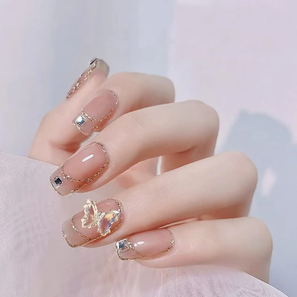 Butterfly Rhinestone Press on Nails Square Pink Fake Acrylic Nails Set with Glue Stickers 24pcs