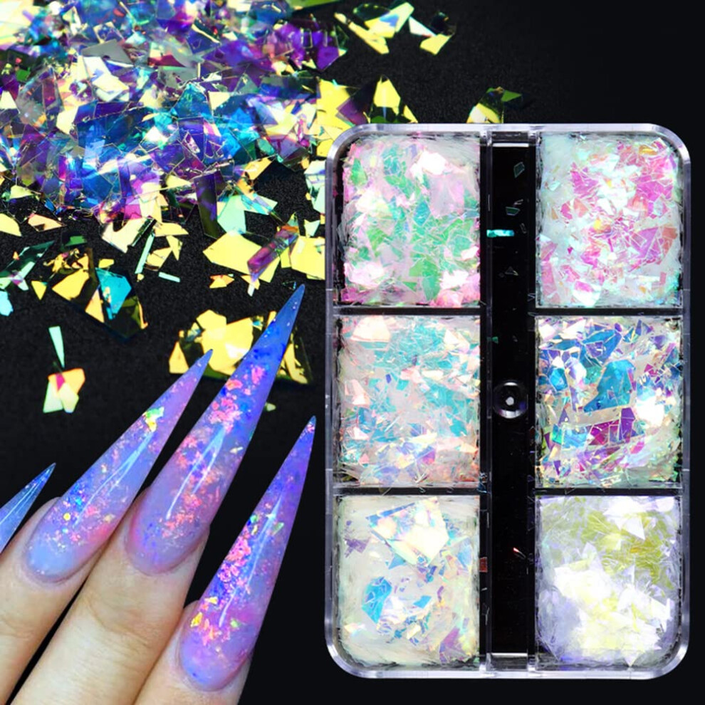 Nail Art Glitter Set with Holographic Iridescent Flakes Aurora Mermaid Shell UltraThin 6 Colors