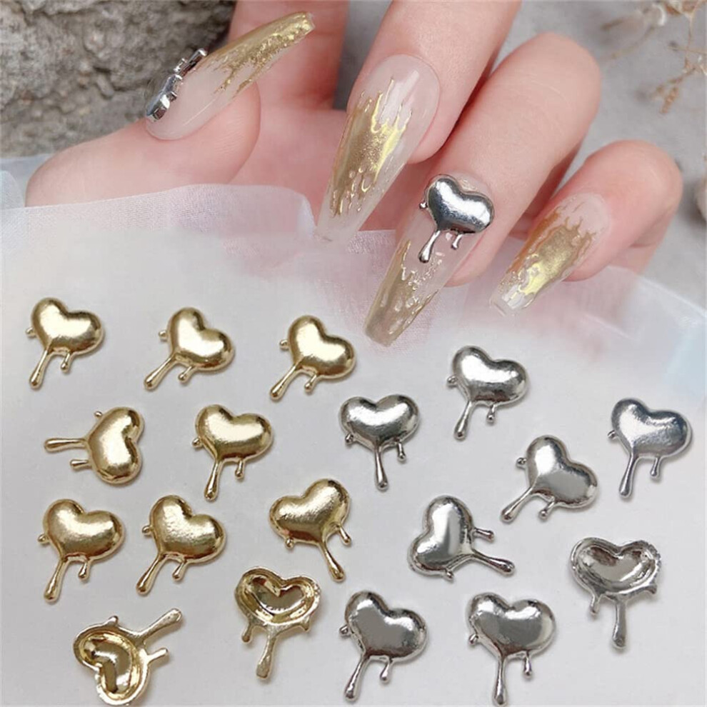 20Pcs 3D Heart Nail Charms Gold and Silver Alloy Nail Decorations for Valentine's Day Nail Art