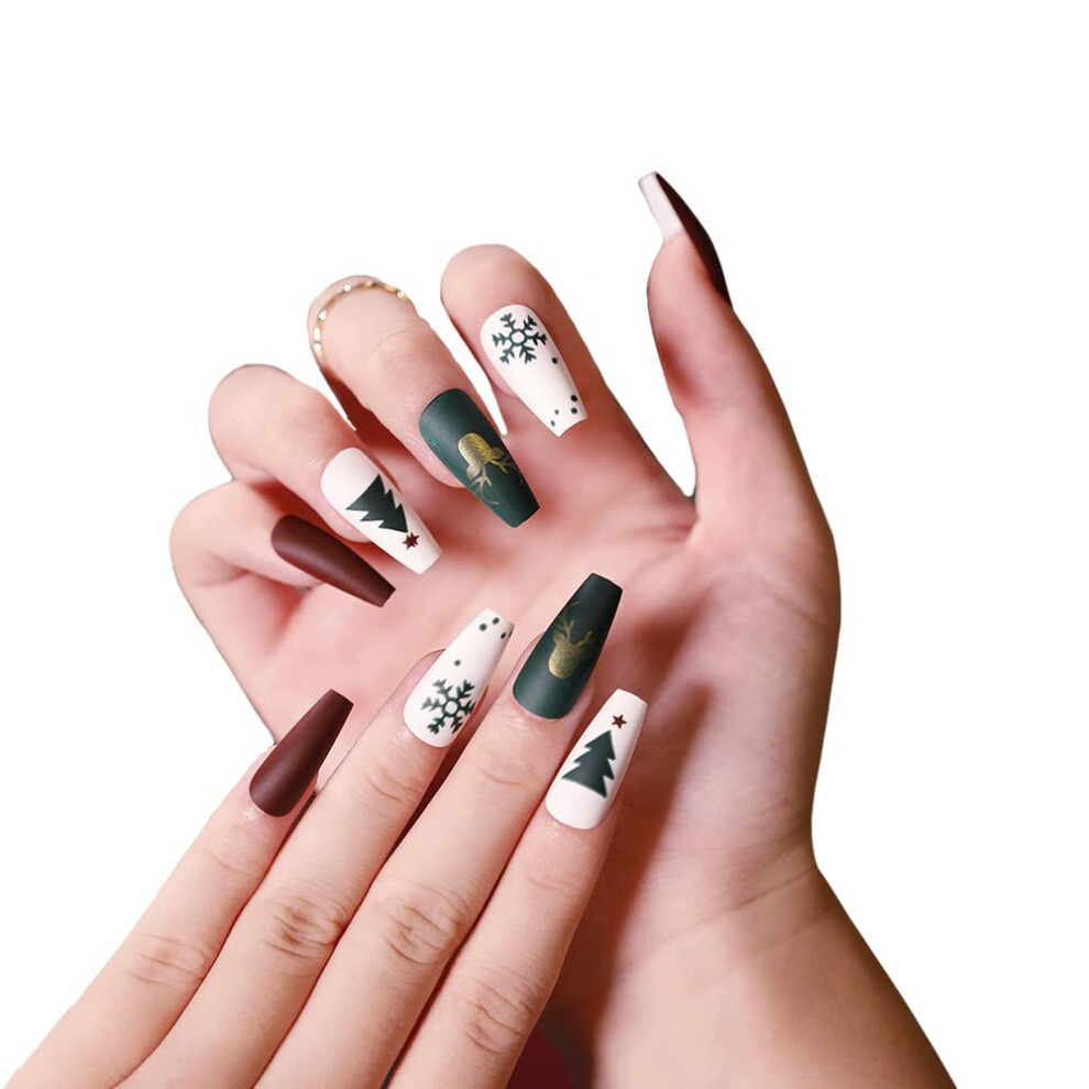 Christmas Press On Nails Matte Ballerina Coffin Red Green White Set with Glue 24pcs