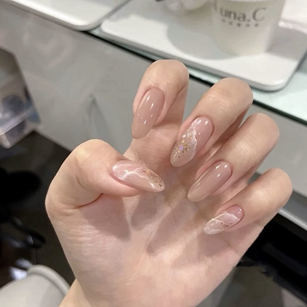 French Tip Press On Nails with Glitter Ombre Almond Shape and Glue, 24PCS Pink Shine Set