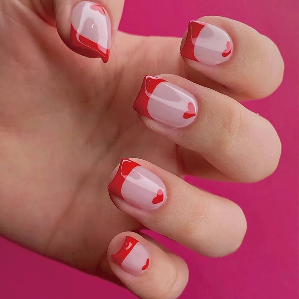 Short French Tip Press On Nails with Red Heart Design, Reusable Valentine Fake Nail Kit