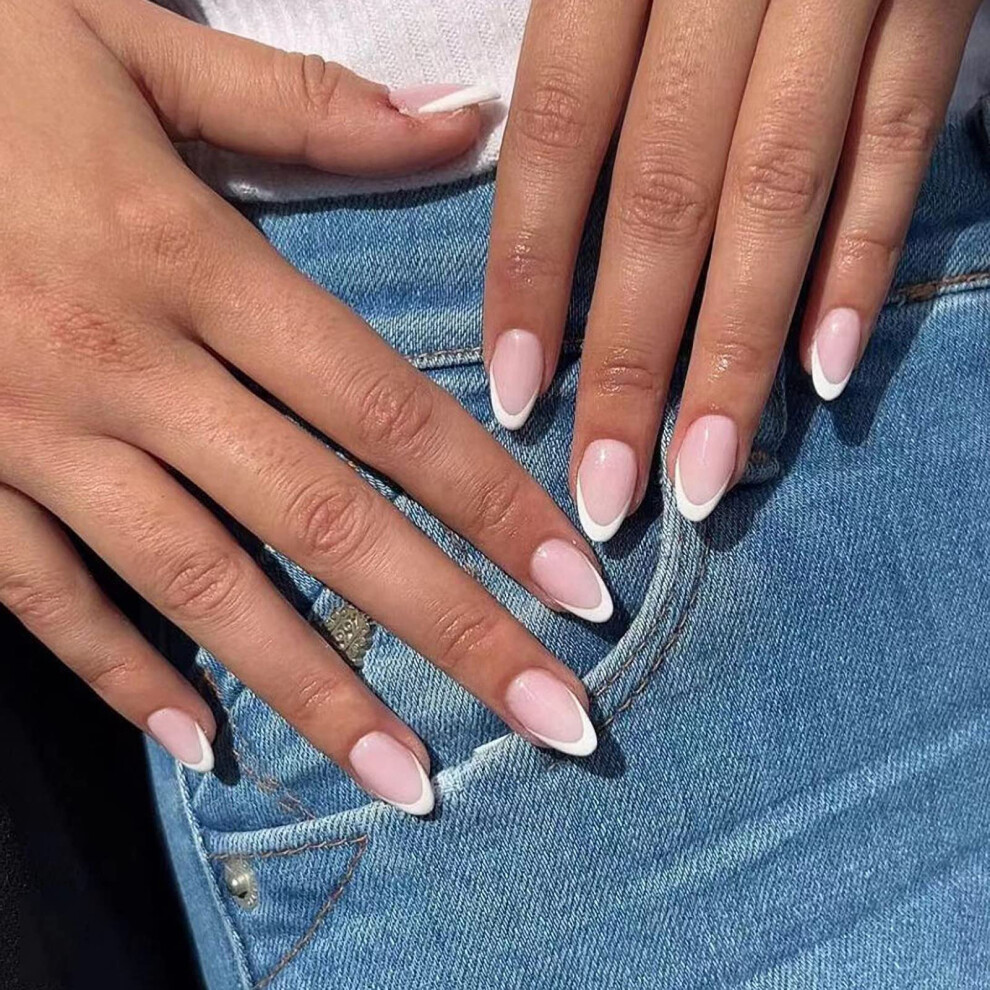 French Pink Oval Press On Nails Set Glossy Full Cover Acrylic Fake Nails with Glue 24pcs