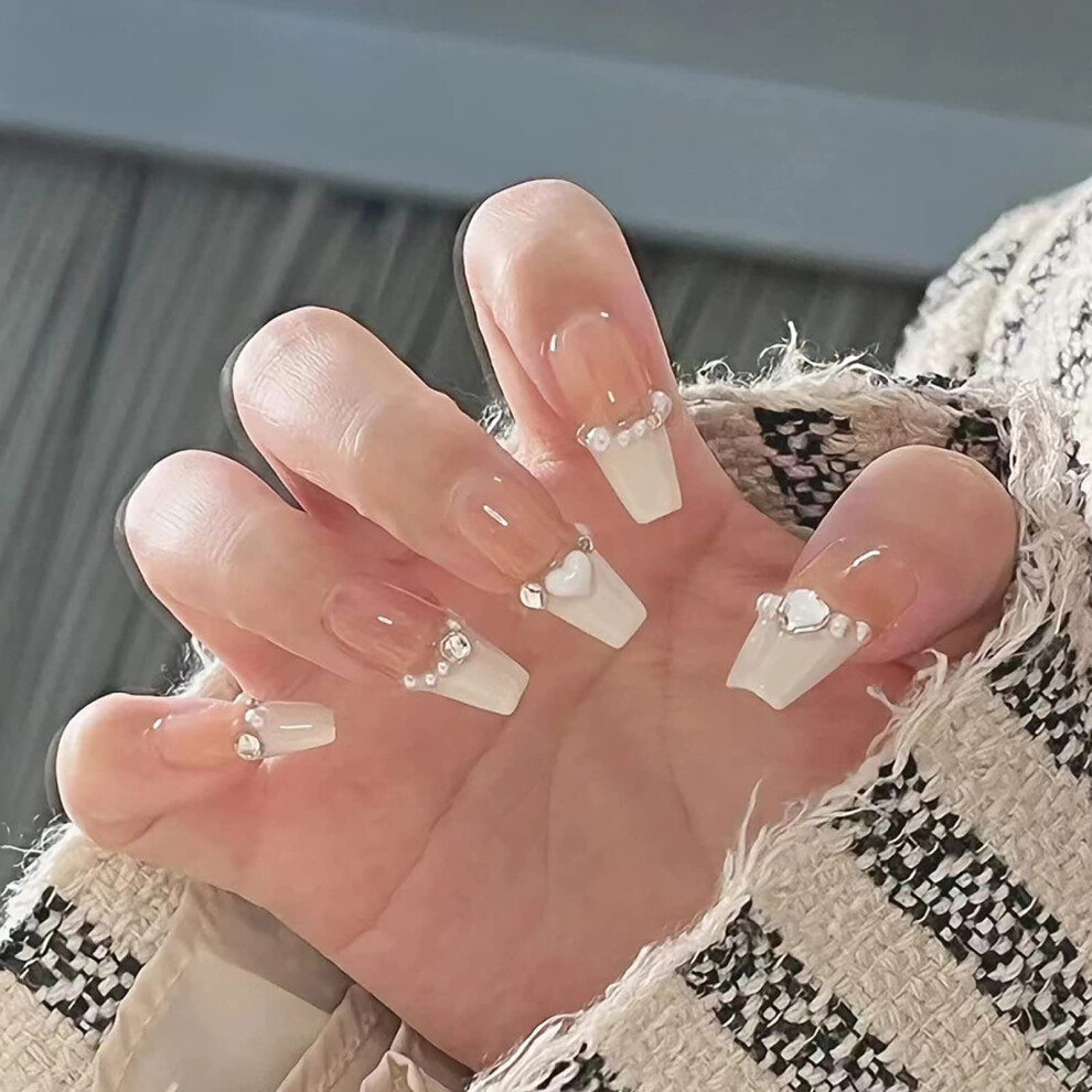 Long Coffin Press On Nails with Glue, French Tip Glitter Rhinestone Design, 24PCS Luxury Set