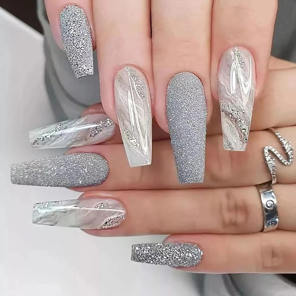 Silver Long Coffin Press On Nails With Glue Marble French Tip Acrylic 24Pcs Salonquality Finish