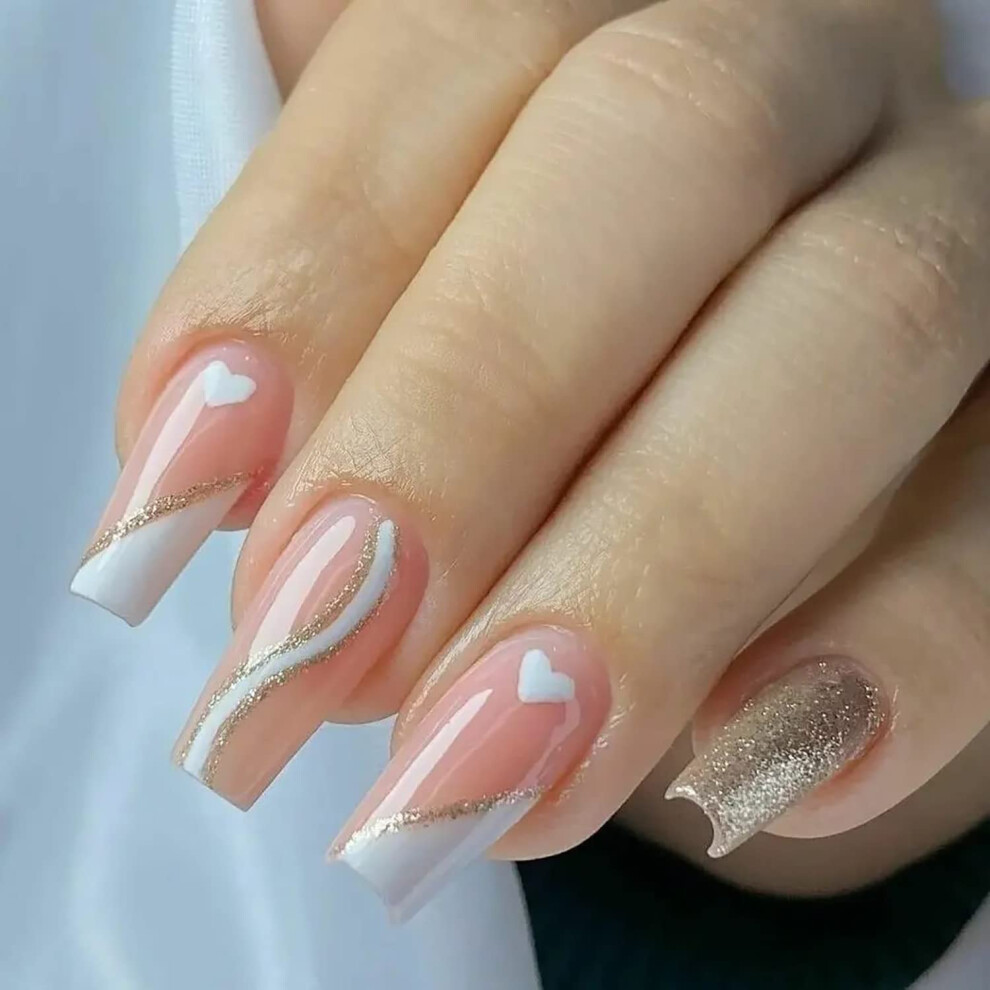 Press On Coffin Nails with Glitter Hearts, Medium Length Fake Nails, Reusable French Tips