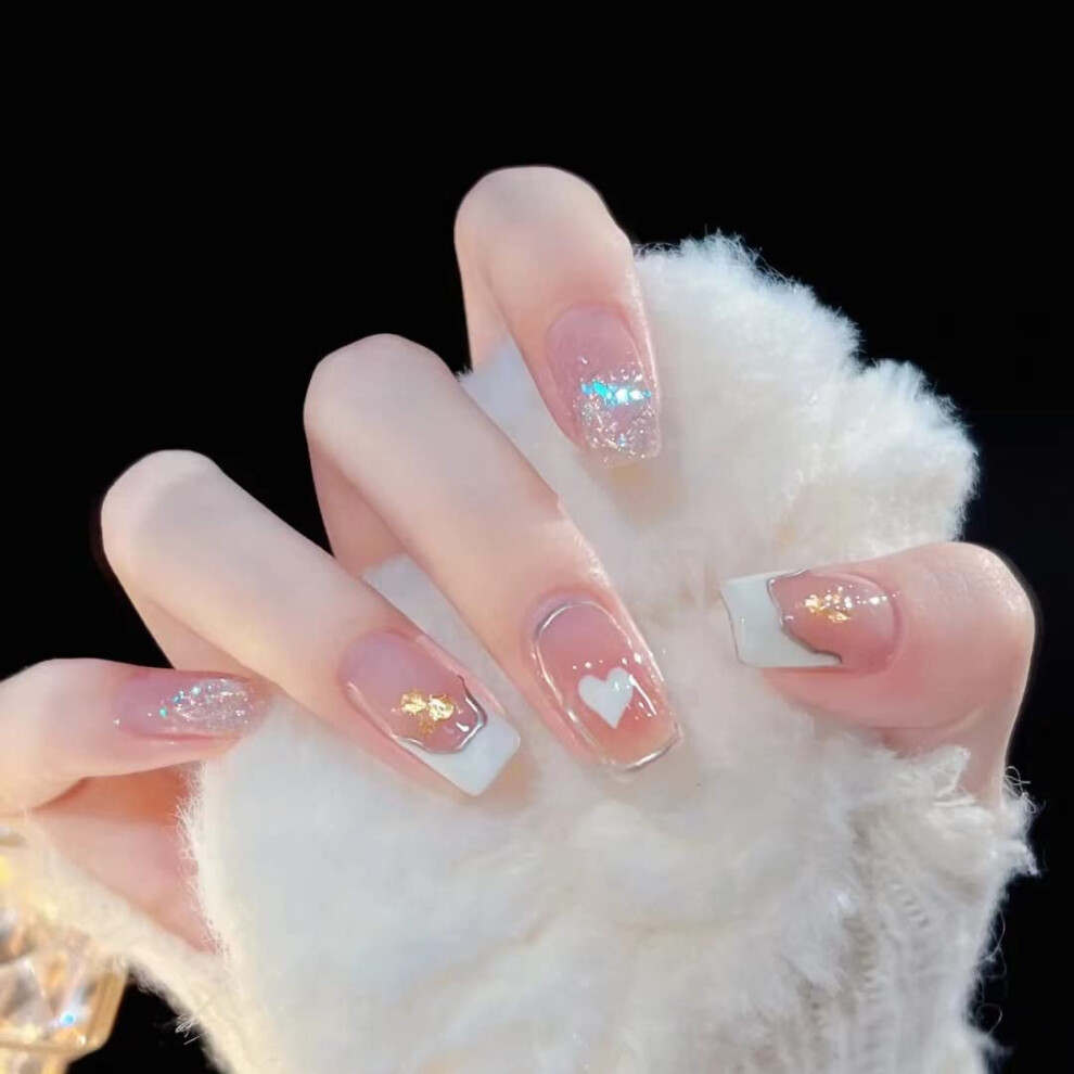 Short Pink Press On Nails with Glitter Hearts and Rhinestones, 24pcs Reusable Fake Nail Set