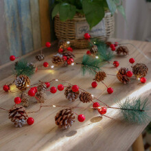 Guirlande lumineuse de Noël en cuivre avec pommes de pin et baies, alimentée par piles, pour intérieur/extérieur, compatible avec guirlandes