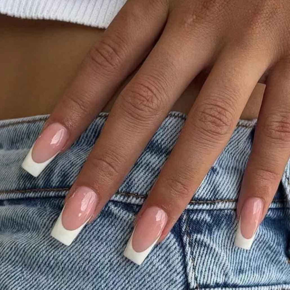 Pink Coffin Press On Nails Set Long French Glossy Acrylic Fake Nails Salonstyle Finish 24Pcs