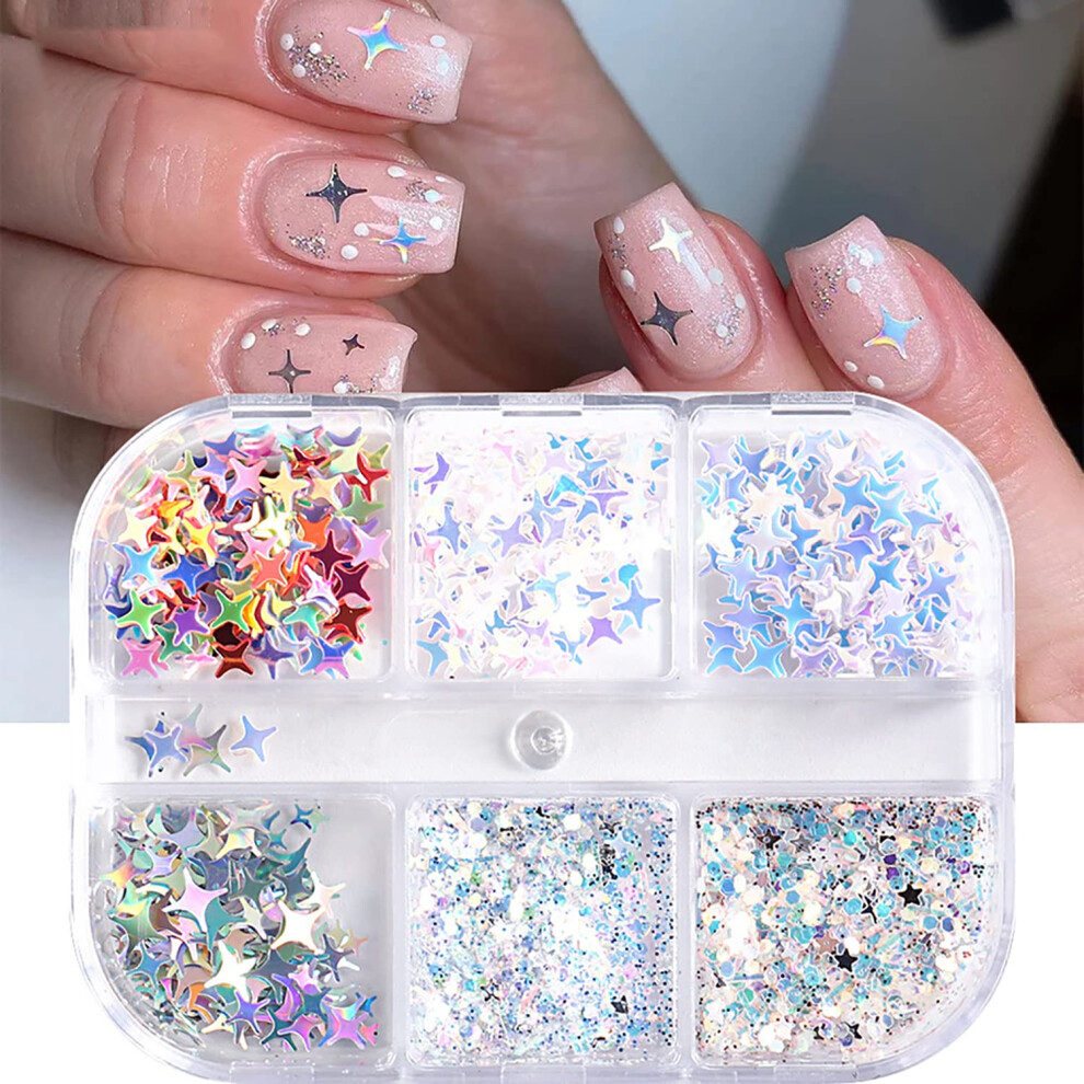 Holographic Nail Glitter Powder 6 Grids Colorful Star Flakes for UV Gel Acrylic Manicure DIY