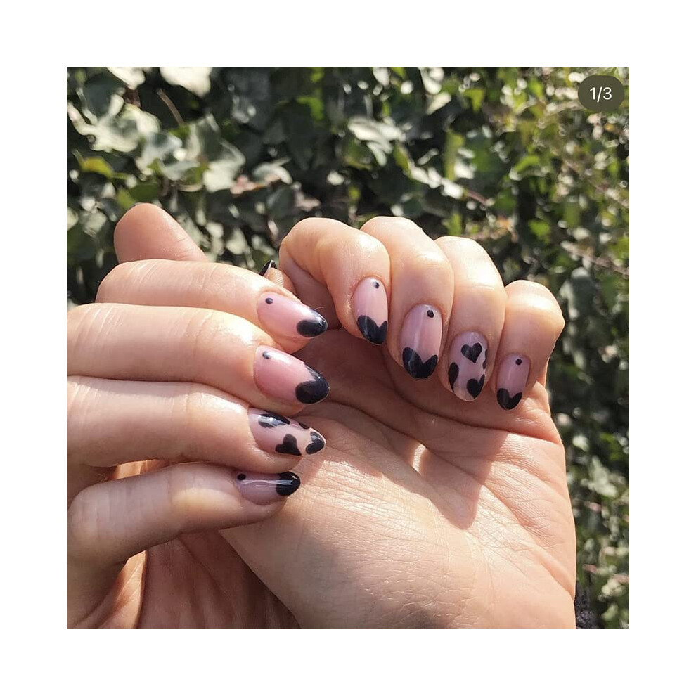 Black 24Pcs Short Almond Press On Nails Valentine Heart Design Reusable Acrylic Fake Nails Set