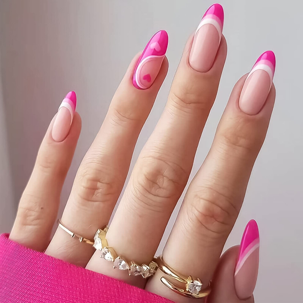 Valentine's Day Pink and Red Coffin Press on Nails with Glitter Hearts, Fake Acrylic Nails for Women