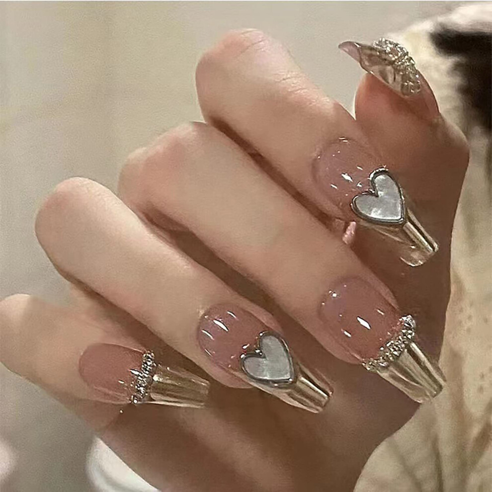 Pink,Cream Valentine Press On Nails 24Pcs Heart French Tip Fake Nails Nude Pink Glossy Marble Reusable Coffin