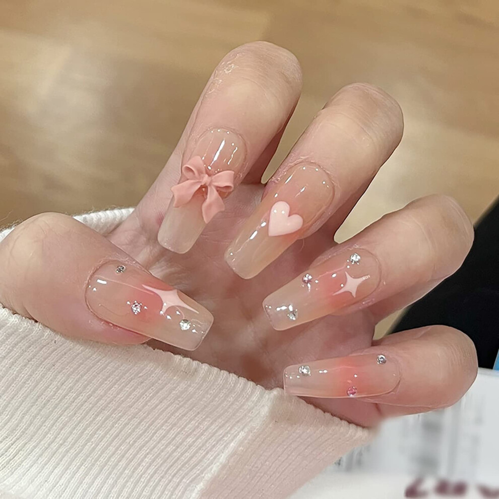 Pink Press On Nails Coffin Shape With Rhinestones And Bow Charm Reusable Nail Kit 24Pcs