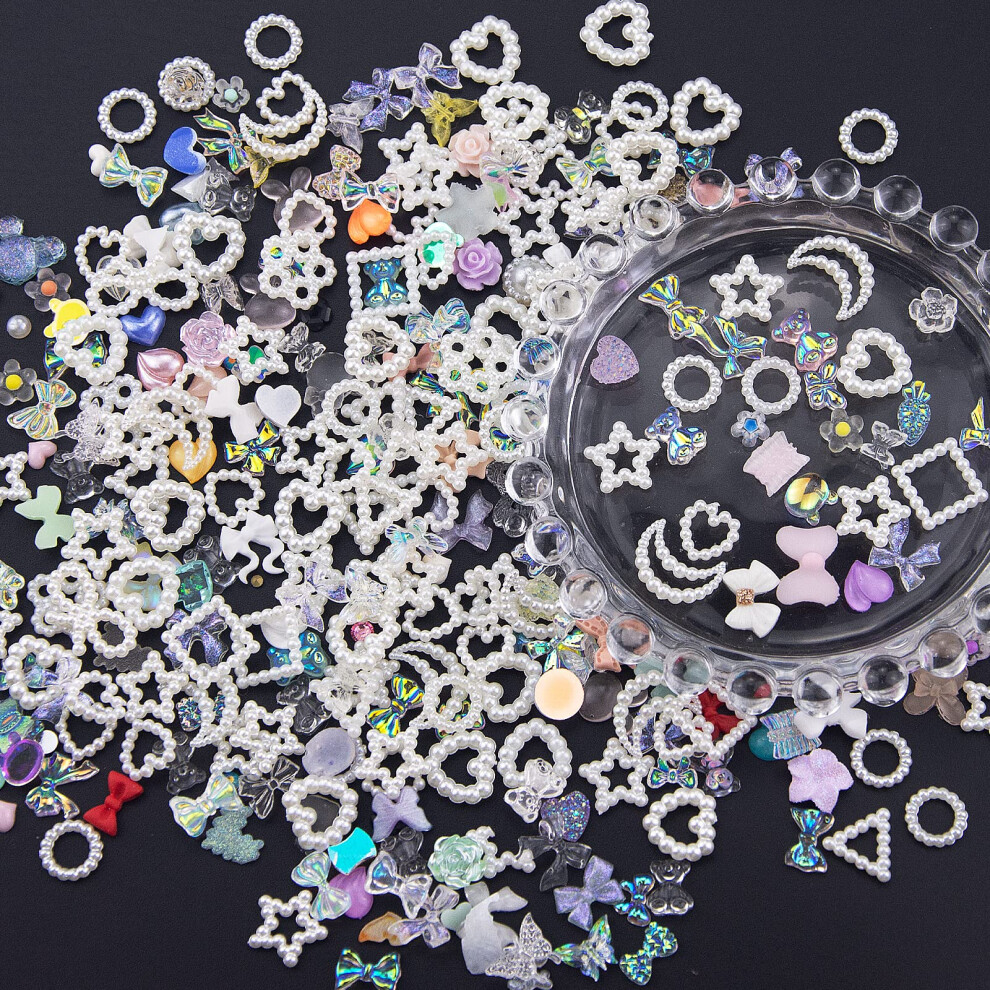260Pcs Nail Art Charms Set Mixed Shape Acrylic Beads White Pearls 3D Decorations for DIY Manicure