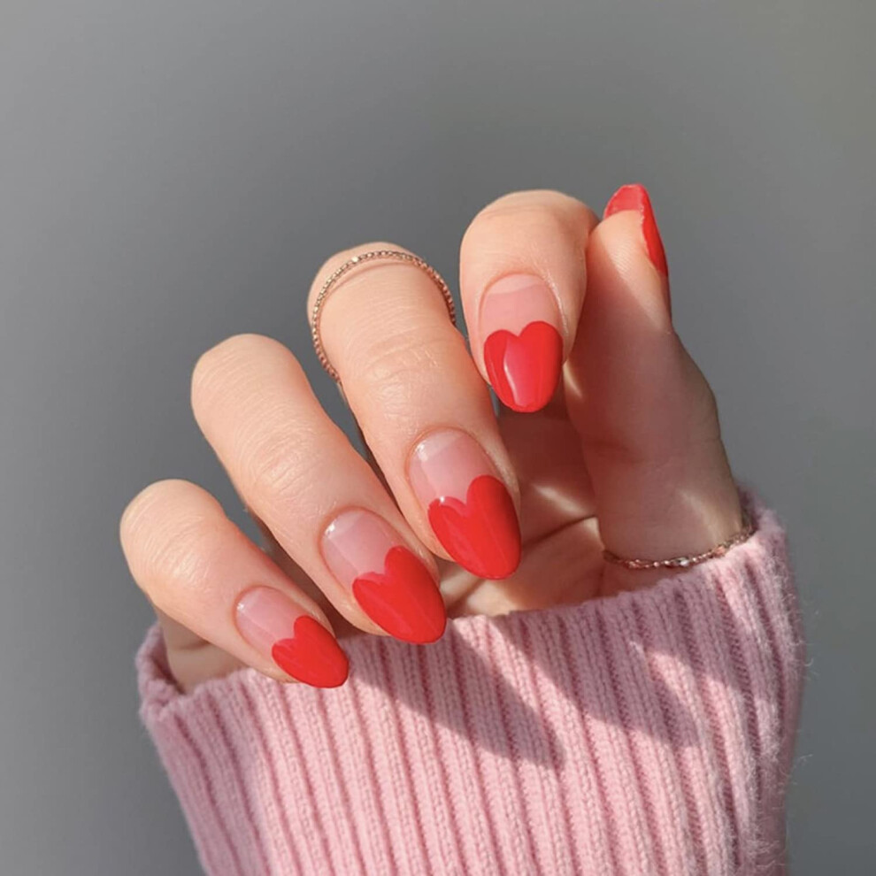 Red Valentines Day Press On Nails Short Almond Fake Nails With Heart Glossy Reusable Acrylic Set 24Pcs