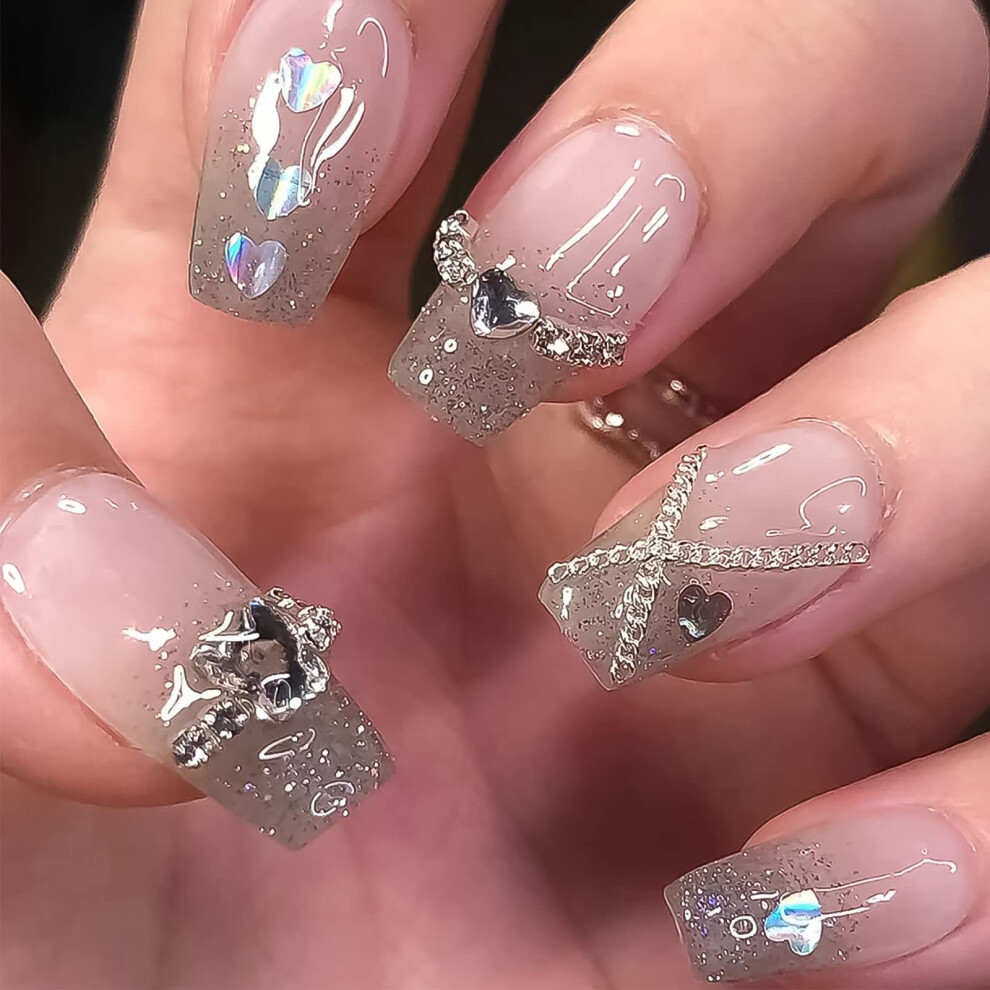 Pink Valentine's Day Coffin Press On Nails With Heart Rhinestone And Glitter Gradient, 24Pcs
