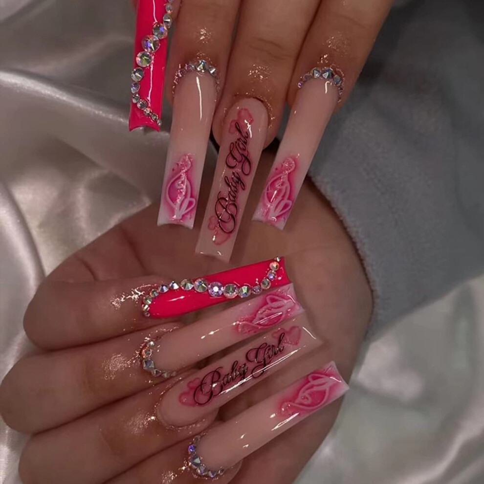 Pink Valentine's Day Press On Nails Rhinestone Square Acrylic Fake Nails Full Cover Reusable