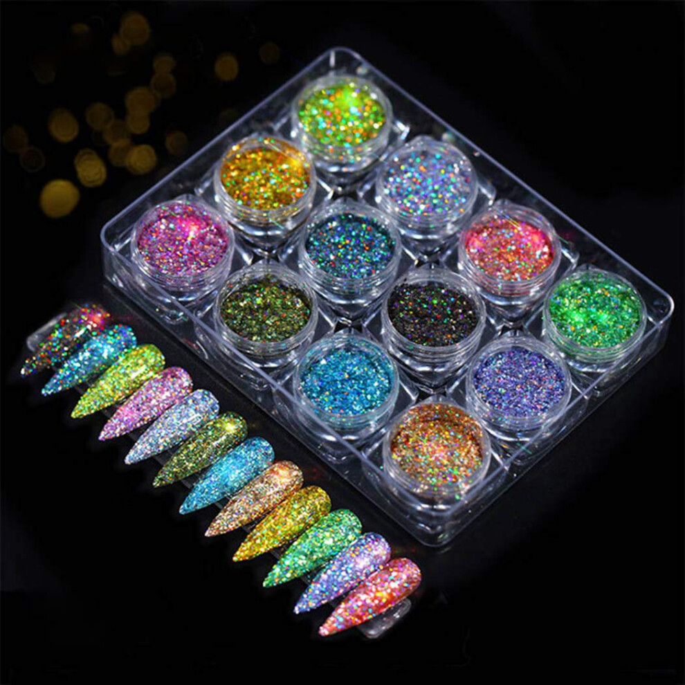 Nail Art Glitter Set with Holographic Sequins 12 Colors Crystal Flakes for Nails Face Body Craft
