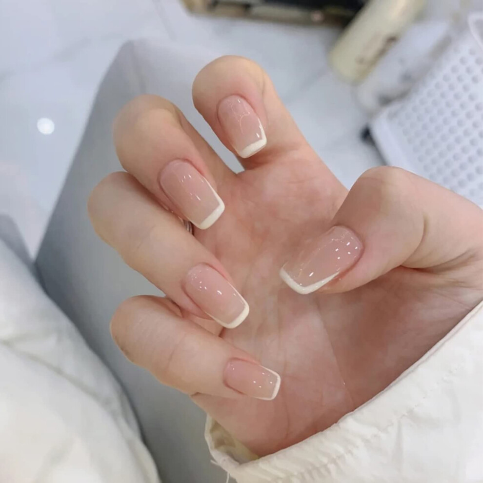 Cream Press On Nails French Tip Square Nude Fake Acrylic Nails Reusable Glossy Set 24Pcs