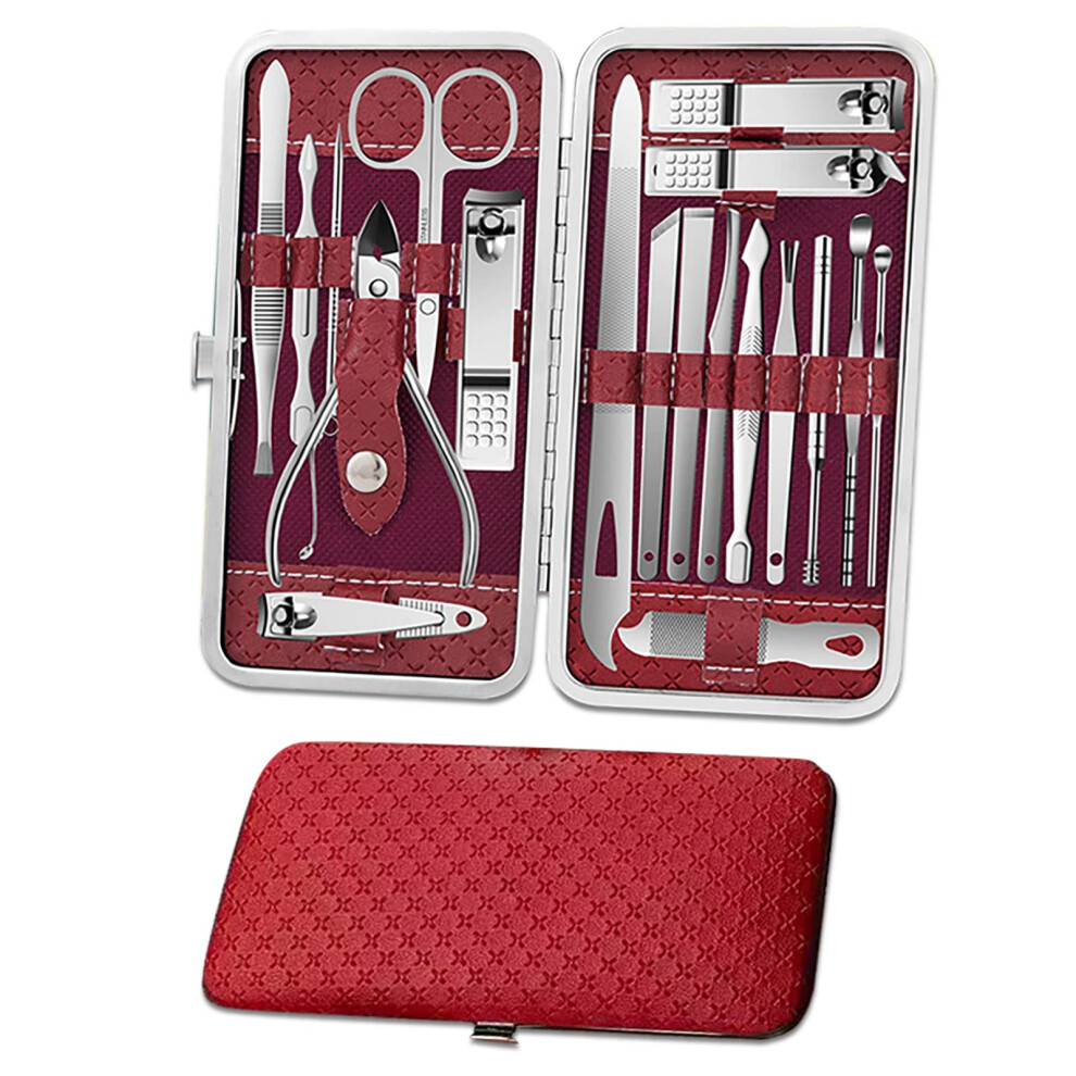 Manicure Pedicure Kit 19Piece Stainless Steel Nail Clippers Set with Travel Case in Red
